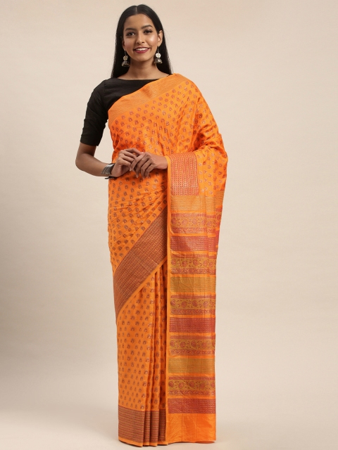 

Taneira Mustard & Maroon Pure Silk Printed Block Print Saree