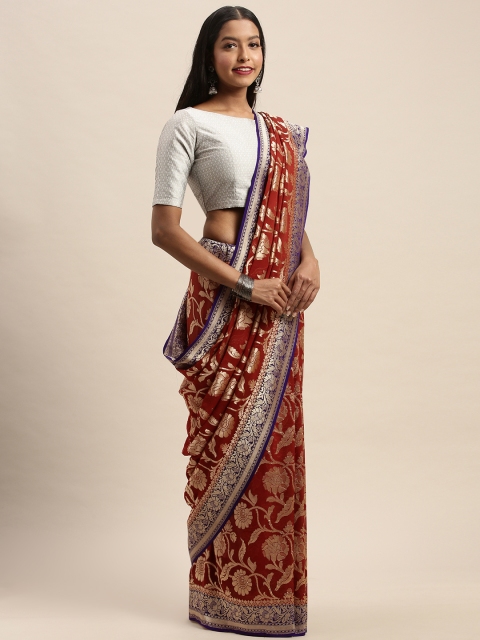 

Taneira Red & Gold-Coloured Pure Silk Woven Design Banarasi Saree
