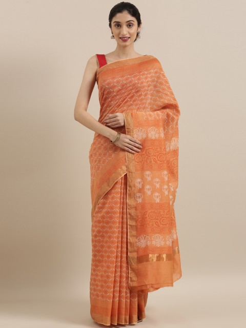 

Taneira Orange & Off-White Silk Cotton Printed Chanderi Saree