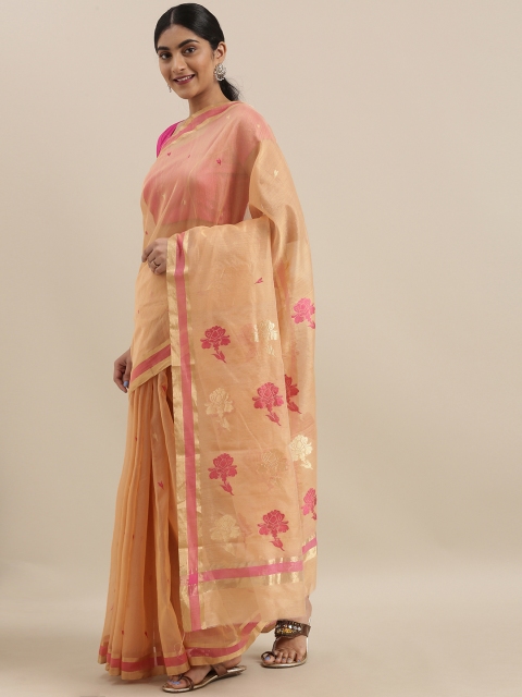 

Taneira Beige & Pink Silk Cotton Woven Design Chanderi Saree