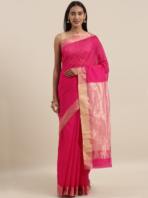 

Taneira Pink & Gold-Toned Silk Cotton Solid Chanderi Saree