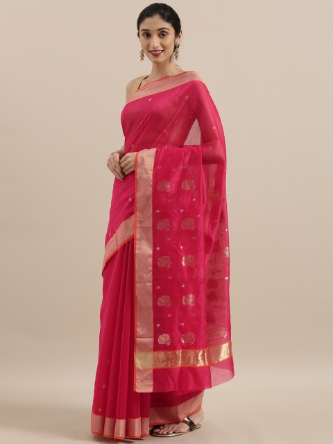 

Taneira Pink Silk Cotton Solid Chanderi Saree