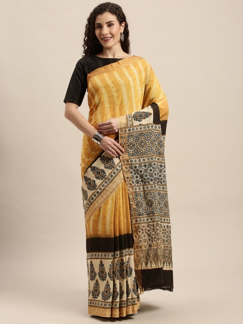 

Taneira Yellow & Beige Pure Cotton Striped Block Print Saree
