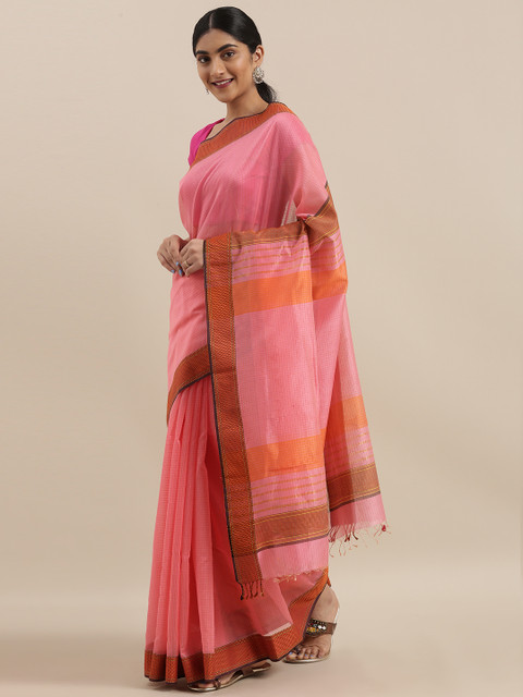

Taneira Pink Silk Cotton Solid Maheshwari Saree