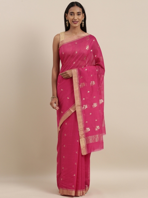 

Taneira Pink & Gold-Toned Silk Cotton Woven Design Chanderi Saree