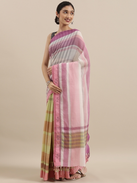 

Taneira Pink & White Pure Cotton Striped Jamdani Saree