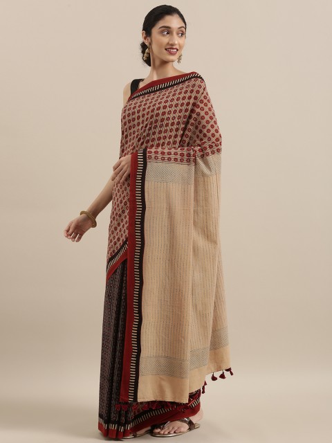 

Taneira Beige & Black Pure Cotton Printed Block Print Saree