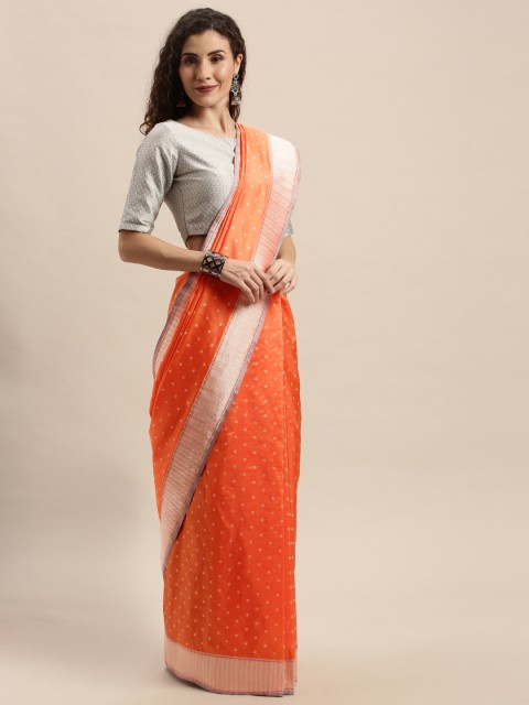 

Taneira Orange & Silver-Toned Pure Silk Woven Design Banarasi Saree