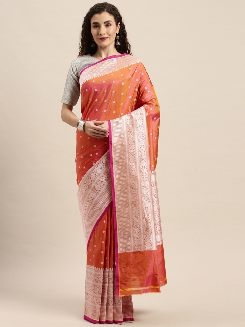 

Taneira Orange & Silver-Toned Pure Silk Woven Design Banarasi Saree
