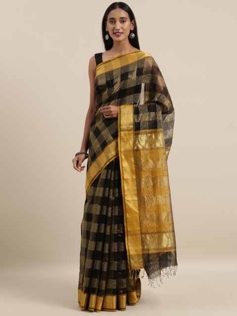 

Taneira Black & Gold-Toned Silk Cotton Checked Maheshwari Saree
