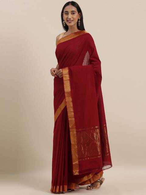 

Taneira Red Solid Pure Cotton Saree