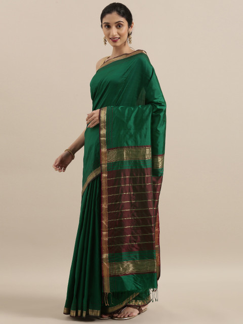 

Taneira Green & Gold-Toned Pure Silk Woven Design Maheshwari Saree