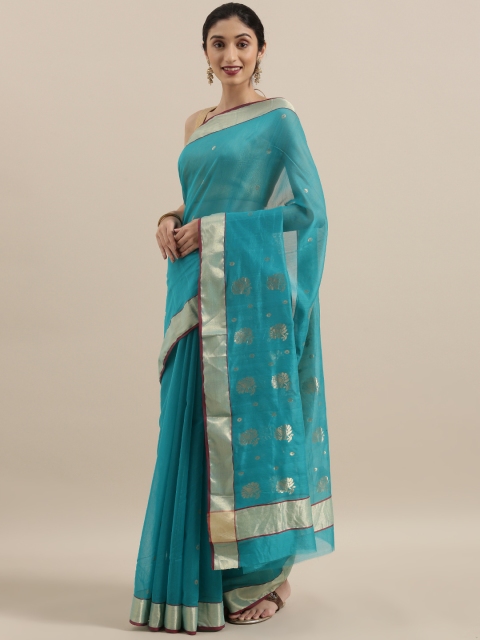 

Taneira Blue Silk Cotton Solid Chanderi Saree