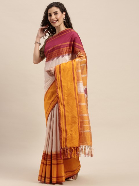 

Taneira Beige Pure Silk Striped Kanjeevaram Saree