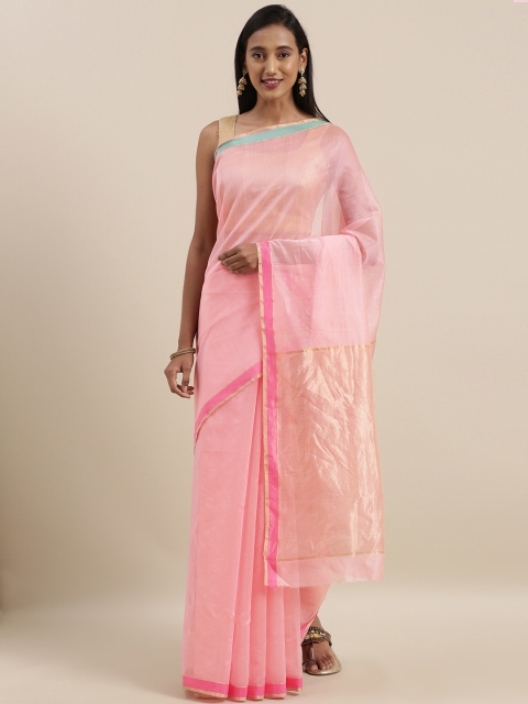 

Taneira Pink Silk Cotton Solid Chanderi Saree