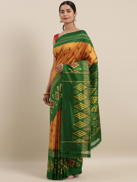 

Taneira Mustard & Green Pure Silk Printed Ikat Saree