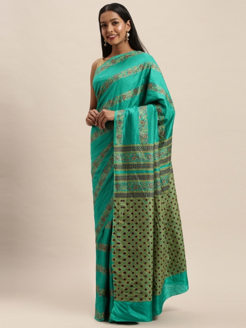 

Taneira Sea Green & Golden Pure Silk Block Print Saree
