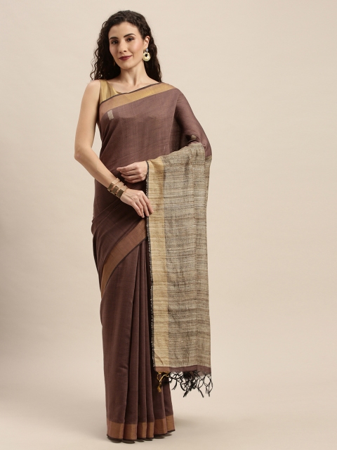 

Taneira Brown Pure Silk Solid Tussar Saree