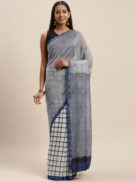 

Taneira White & Blue Silk Cotton Checked Chanderi Saree