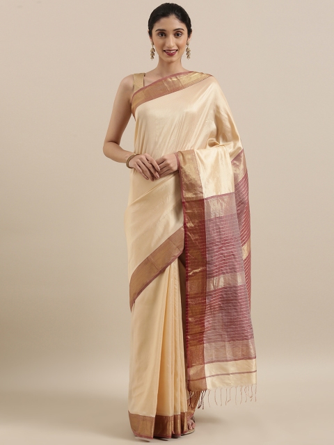 

Taneira Beige & Golden Pure Silk Solid Maheshwari Saree