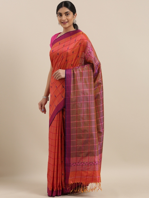 

Taneira Orange & Purple Pure Silk Striped Maheshwari Saree