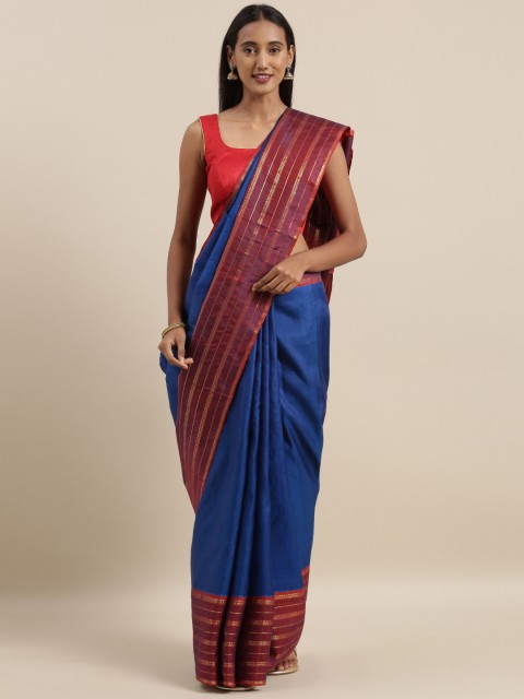 

Taneira Navy Blue & Maroon Pure Silk Solid Kanjeevaram Saree