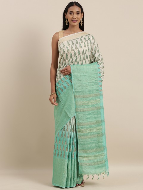

Taneira Cream-Coloured & Sea Green Pure Silk Printed Tussar Saree