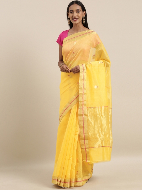 

Taneira Yellow & Gold-Toned Silk Cotton Woven Design Chanderi Saree