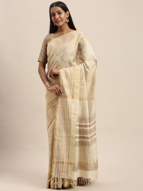 

Taneira Beige & Gold-Toned Pure Silk Printed Tussar Saree