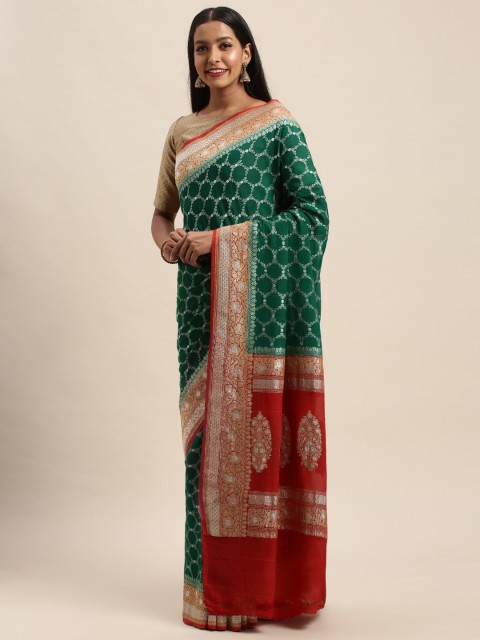 

Taneira Green & Red Pure Georgette Woven Design Banarasi Saree