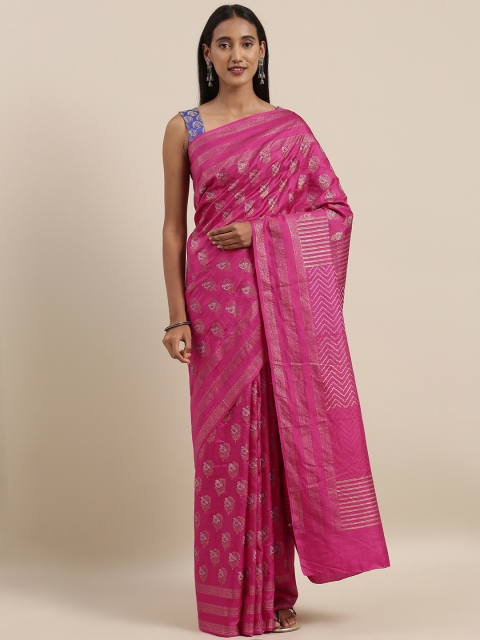 

Taneira Pink & Gold-Toned Pure Silk Printed Block Print Saree