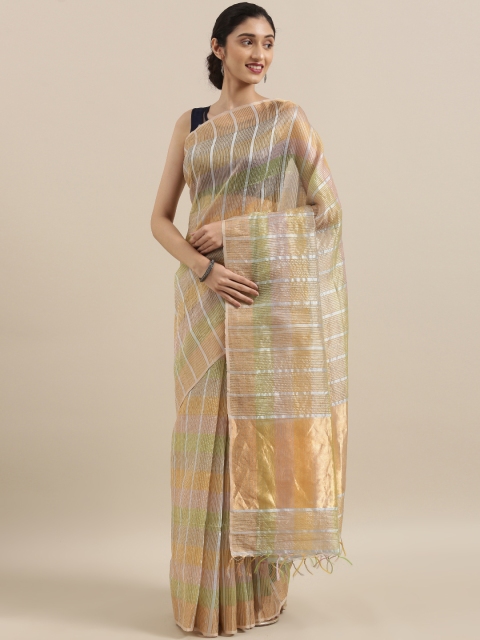 

Taneira Gold-Coloured & Silver-Coloured Pure Silk Striped Tussar Saree