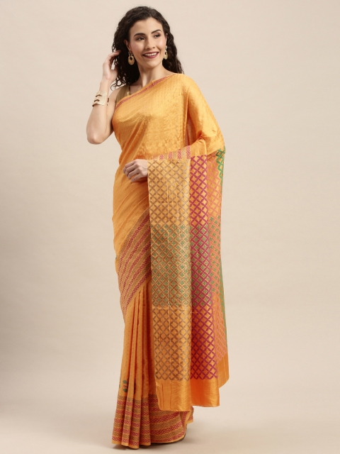 

Taneira Yellow & Orange Pure Silk Printed Block Print Saree