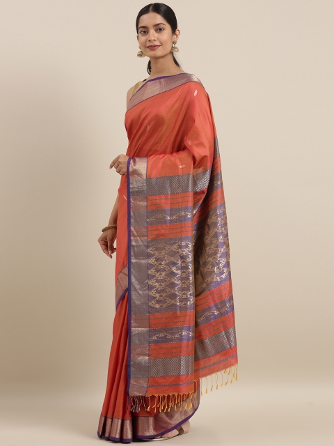

Taneira Orange & Purple Pure Silk Solid Maheshwari Saree