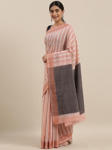 

Taneira Peach-Coloured & Cream-Coloured Pure Cotton Striped Saree