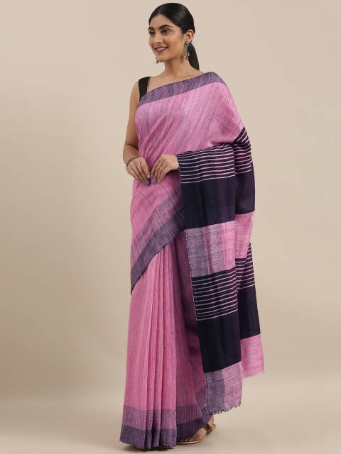 

Taneira Pink & Black Pure Silk Solid Tussar Saree