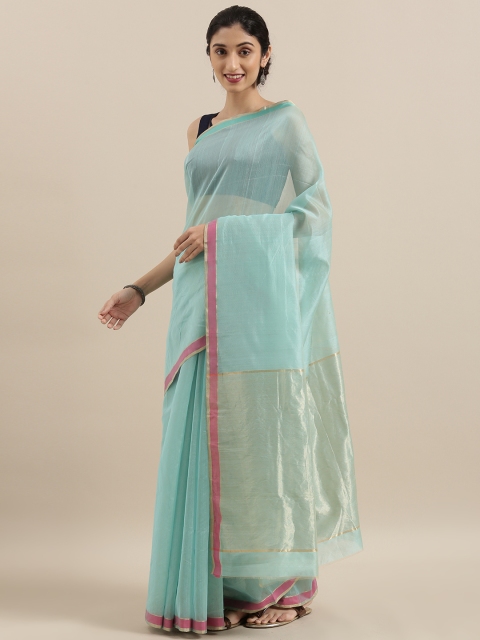 

Taneira Blue Silk Cotton Solid Chanderi Saree