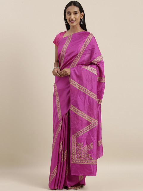 

Taneira Pink & Golden Pure Silk Striped Block Print Saree