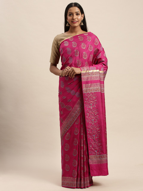 

Taneira Pink & Gold-Toned Pure Silk Woven Design Block Print Saree