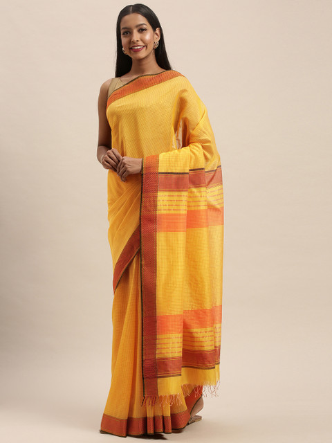 

Taneira Yellow & Red Silk Cotton Woven Design Maheshwari Saree