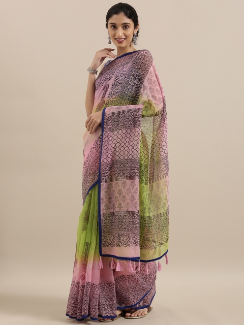 

Taneira Pink & Green Pure Cotton Printed Kota Saree