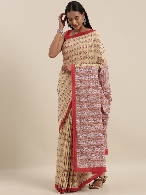 

Taneira Beige & Red Pure Cotton Printed Block Print Saree