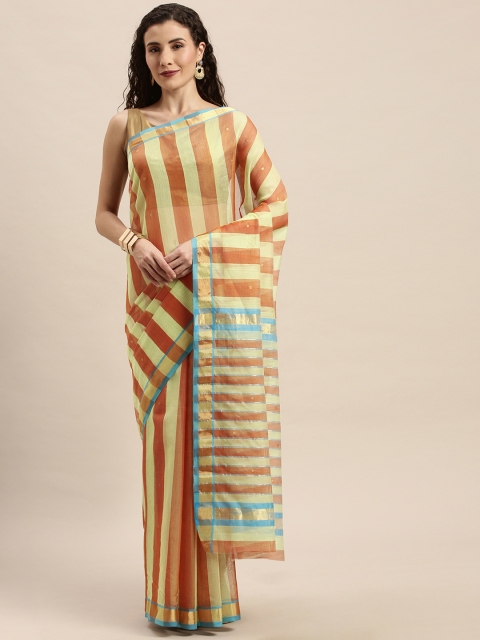 

Taneira Brown & Off-White Silk Cotton Striped Chanderi Saree