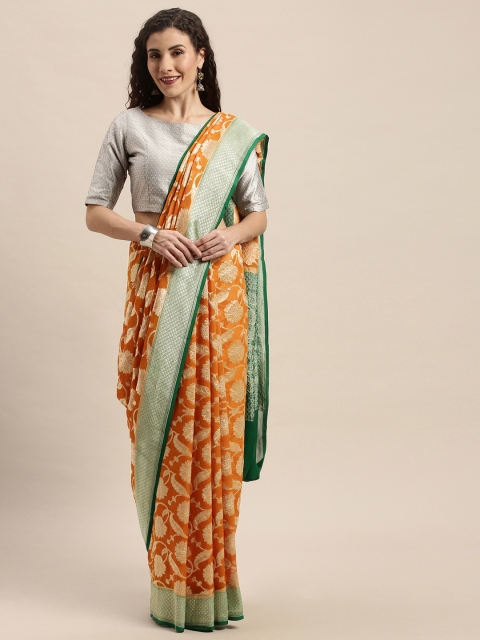 

Taneira Orange & Gold-Toned Pure Georgette Woven Design Banarasi Saree