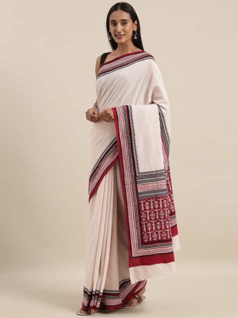 

Taneira Off-White & Red Pure Cotton Solid Block Print Saree