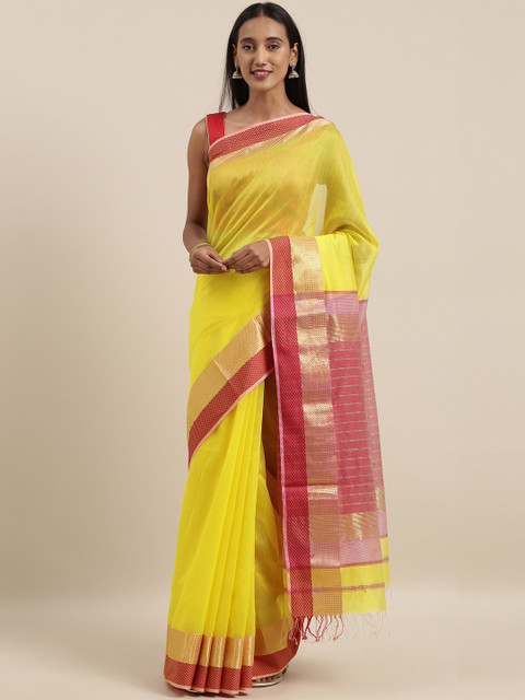

Taneira Yellow & Red Silk Cotton Solid Maheshwari Saree