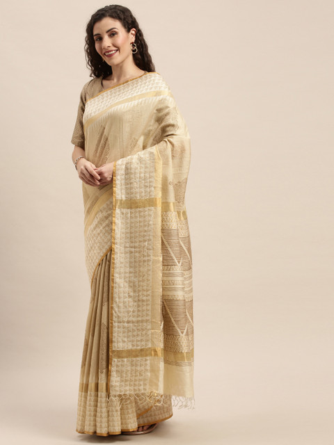 

Taneira Beige Pure Silk Printed Tussar Saree