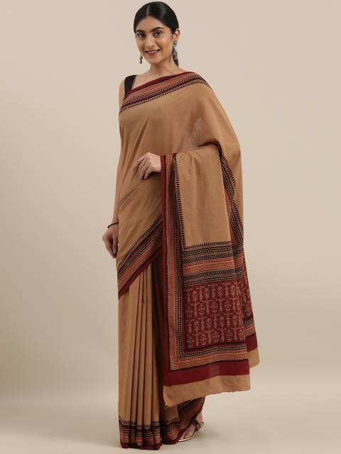 

Taneira Beige & Maroon Pure Cotton Solid Block Print Saree