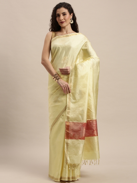 

Taneira Cream-Coloured & Maroon Pure Silk Woven Design Saree
