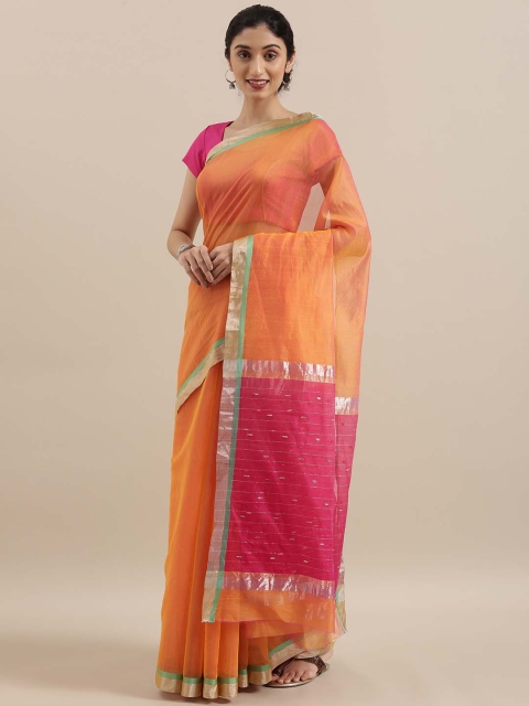 

Taneira Orange & Pink Silk Cotton Solid Chanderi Saree